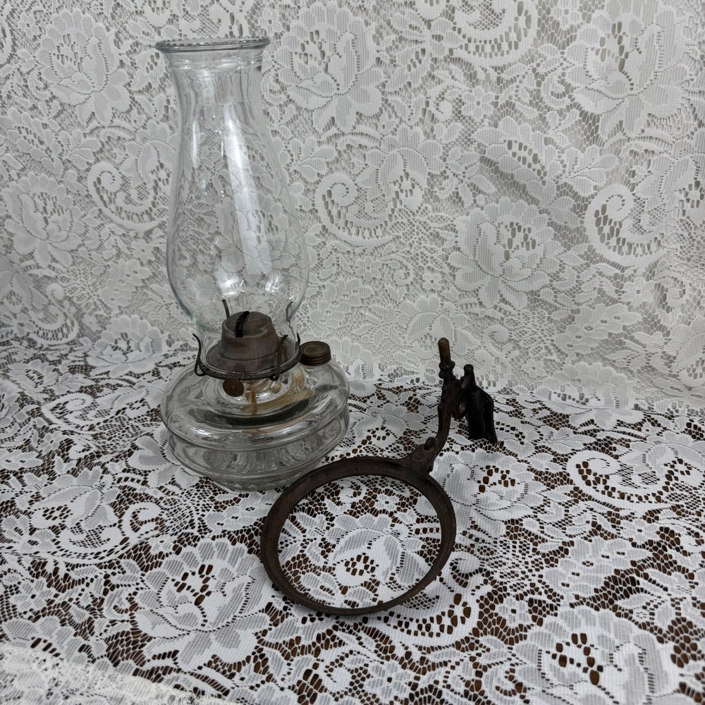 Antique Clear Glass Oil Lamp Ornate Cast Iron Wall Mount Bracket Set Historic